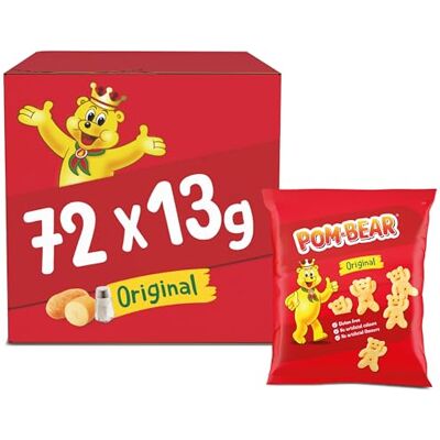 Pom Bear Original Multipack Crisps, Pack of 72 • Bear-Shaped Potato Snacks • Original Flavour • Gluten Free Snack for Kids & Adults • Light & Crispy Texture • No Artificial Colours or Preservatives Pom Bear Original Multipack Crisps, Pack of 72 • Bear-Shaped Potato Snacks • Original Flavour • Gluten Free Snack for Kids & Adults • Light & Crispy Texture • No Artificial Colours or Preservatives