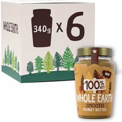 Whole Earth • 100% Original Smooth Peanut Butter • Nothing but Peanuts • Nut Spread Made with 100% Natural Ingredients • No Added Sugar • High Protein • Gluten Free • Vegan Friendly • 340g x 6 Jars Whole Earth • 100% Original Smooth Peanut Butter • Nothing but Peanuts • Nut Spread Made with 100% Natural Ingredients • No Added Sugar • High Protein • Gluten Free • Vegan Friendly • 340g x 6 Jars