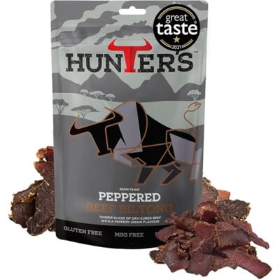 Hunters Biltong Peppered Beef Biltong, 250g pack High Protein, low fat, Thin Tender Slices of authentic Beef Biltong, beef Jerky, Gluten & MSG Free, Convenient Snack Hunters Biltong Peppered Beef Biltong, 250g pack High Protein, low fat, Thin Tender Slices of authentic Beef Biltong, beef Jerky, Gluten & MSG Free, Convenient Snack