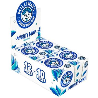 Milliways Mighty Mint Chewing Gum, Plastic Free, Sugar Free, Aspartame Free, Natural 12 Packs of 10 Pieces (120 Pieces Total) Xylitol, Plant-Based, Biodegradable Milliways Mighty Mint Chewing Gum, Plastic Free, Sugar Free, Aspartame Free, Natural 12 Packs of 10 Pieces (120 Pieces Total) Xylitol, Plant-Based, Biodegradable