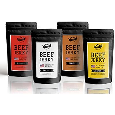 CRAFTSMAN FINEST FOODS Craftsman Beef Jerky Trial Pack Pack of 4 x 50g (200g), Original, BBQ, TERIYAKI, Hot & Sweet, Dry Meat from Germany Bavaria, American Jerky Beef Mix Meat Snack Made in Germany CRAFTSMAN FINEST FOODS Craftsman Beef Jerky Trial Pack Pack of 4 x 50g (200g), Original, BBQ, TERIYAKI, Hot & Sweet, Dry Meat from Germany Bavaria, American Jerky Beef Mix Meat Snack Made in Germany