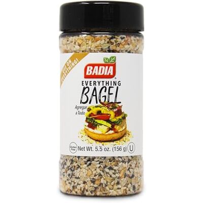 Badia Everything Bagel Seasoning (5.5 oz) 156g A flavorful blend of sesame seeds, poppy seeds, garlic, onion, and salt for bagels, eggs, avocado toast, and more Badia Everything Bagel Seasoning (5.5 oz) 156g A flavorful blend of sesame seeds, poppy seeds, garlic, onion, and salt for bagels, eggs, avocado toast, and more