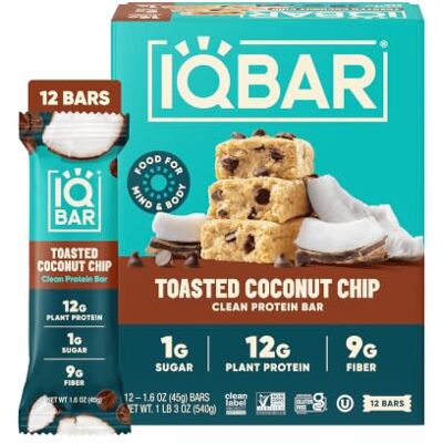 IQBAR Clean High Protein Bars, Low Sugar Snack, Toasted Coconut 12ct 12g Plant Protein, 9g Fiber, 1g Sugar GLP-1 & Keto Friendly Vegan, Gluten Free, Dairy Free, Non-GMO, Kosher IQBAR Clean High Protein Bars, Low Sugar Snack, Toasted Coconut 12ct 12g Plant Protein, 9g Fiber, 1g Sugar GLP-1 & Keto Friendly Vegan, Gluten Free, Dairy Free, Non-GMO, Kosher