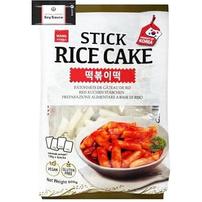 Wang Korean Stick Rice Cake, Gluten Free Tteokbokki Vegan & Soy Sauce 8ml- 600g Wang Korean Stick Rice Cake, Gluten Free Tteokbokki Vegan & Soy Sauce 8ml- 600g