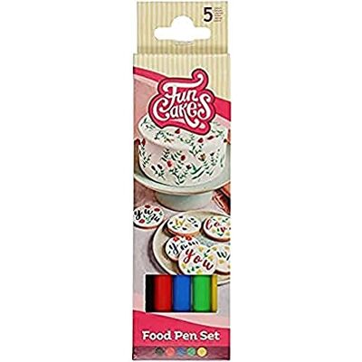 FunCakes Food Pen Primary Set: Black-Red-Blue-Green-Yellow, Writer, 100% Edible Ink, Flexible Tip for thick and thin lines.Great for personalizing your treats with Messages, Quick drying time, Set/5 FunCakes Food Pen Primary Set: Black-Red-Blue-Green-Yellow, Writer, 100% Edible Ink, Flexible Tip for thick and thin lines.Great for personalizing your treats with Messages, Quick drying time, Set/5