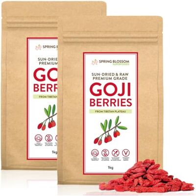 Spring Blossom 2KG 100% Natural Goji Berries from Tibetan Plateau, Large RAW & Sun-Dried, Pure Wolfberry Fruit Snack, No Additives, Pesticides, Sulphites, Non-GMO, Gluten-Free, Vegan Healthy Superfood (2 x 1KG) Spring Blossom 2KG 100% Natural Goji Berries from Tibetan Plateau, Large RAW & Sun-Dried, Pure Wolfberry Fruit Snack, No Additives, Pesticides, Sulphites, Non-GMO, Gluten-Free, Vegan Healthy Superfood (2 x 1KG)