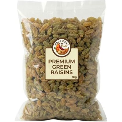 Mega Food Plus Ltd. Green Raisins 1kg, Sultanas, Great for Snacking and Baking, Premium Quality Mega Food Plus Ltd. Green Raisins 1kg, Sultanas, Great for Snacking and Baking, Premium Quality