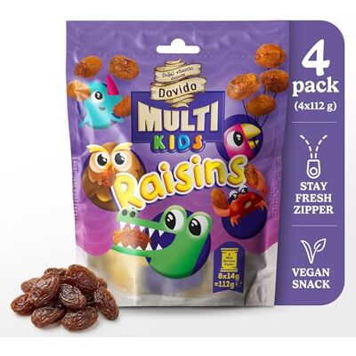 Dovido Multi Kids Raisins 4x8 Mini Packs 448g Healthy Fruit Snacks for School & Lunchbox Natural, Vegan, Gluten Free, No Added Sugar BRC Certified Premium Dried Fruit Kids & Toddler Treats Dovido Multi Kids Raisins 4x8 Mini Packs 448g Healthy Fruit Snacks for School & Lunchbox Natural, Vegan, Gluten Free, No Added Sugar BRC Certified Premium Dried Fruit Kids & Toddler Treats