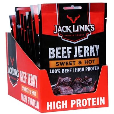 Jack Link's Sweet & Hot Beef Jerky Box of 12x60g Packs High Protein Dried Meat Snack, Made in New Zealand, Not Halal Jack Link's Sweet & Hot Beef Jerky Box of 12x60g Packs High Protein Dried Meat Snack, Made in New Zealand, Not Halal