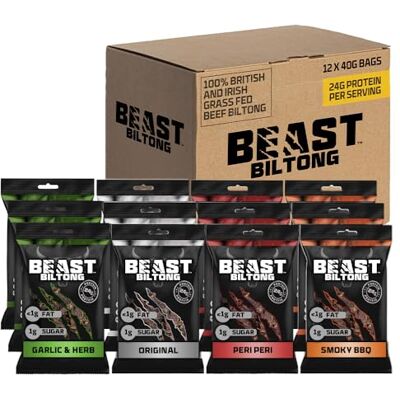 Beast Pharm Biltong High Protein Low Calorie Snacks 12 Pack Assorted High 24g Protein per Giant 40g Bag, 100% British / Irish Beef Biltong, Keto Snacks, Gluten Free, Low Calorie Protein Snacks Beast Pharm Biltong High Protein Low Calorie Snacks 12 Pack Assorted High 24g Protein per Giant 40g Bag, 100% British / Irish Beef Biltong, Keto Snacks, Gluten Free, Low Calorie Protein Snacks