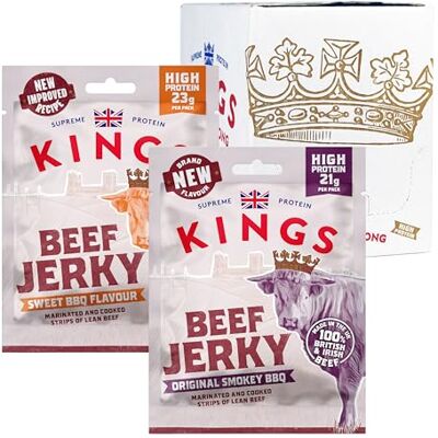 Kings Beef Jerky Variety Case High Protein Snacks, Marinated and Cooked Meat Sweet and Smokey BBQ 6 of Each Flavour Bulk Box of 12 x 60 g Packs Kings Beef Jerky Variety Case High Protein Snacks, Marinated and Cooked Meat Sweet and Smokey BBQ 6 of Each Flavour Bulk Box of 12 x 60 g Packs
