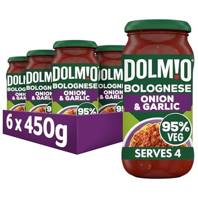 Dolmio Bolognese Onion and Garlic Pasta Sauce Jar, Bulk Multipack 6 x 450g Sauce for spaghetti bolognese, perfect for a family meal. Free from artifical colours, suitable for vegetarians, serves 4 Dolmio Bolognese Onion and Garlic Pasta Sauce Jar, Bulk Multipack 6 x 450g Sauce for spaghetti bolognese, perfect for a family meal. Free from artifical colours, suitable for vegetarians, serves 4