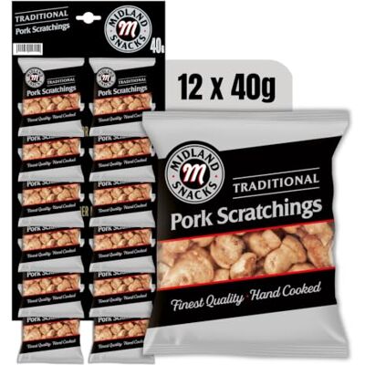 Midland Snacks Traditional Pork Scratchings 40g x Case of 12 Midland Snacks Traditional Pork Scratchings 40g x Case of 12