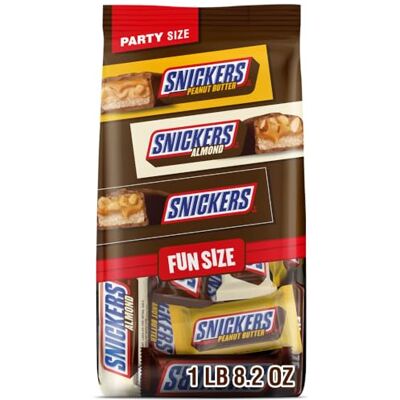 Snickers Variety Pack Fun Size Original, Peanut Butter & Almond Milk Chocolate Candy Bars Bulk Pack Assortment, 32.68 oz Bag, 45 Piece Snickers Variety Pack Fun Size Original, Peanut Butter & Almond Milk Chocolate Candy Bars Bulk Pack Assortment, 32.68 oz Bag, 45 Piece