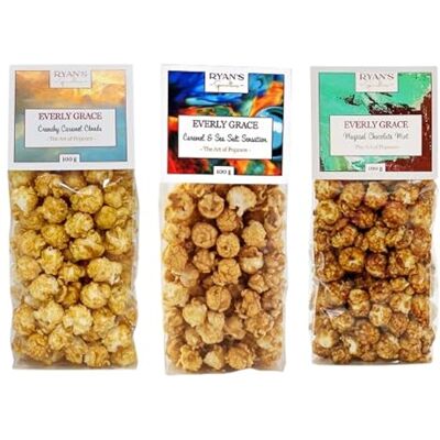 Everly Grace Popcorn Spring Bundle Caramel & Sea Salt Sensation, Crunchy Caramel Clouds, Magical Chocolate Mint, 100 g Popcorn Bags from our factory in Augsburg, Germany Everly Grace Popcorn Spring Bundle Caramel & Sea Salt Sensation, Crunchy Caramel Clouds, Magical Chocolate Mint, 100 g Popcorn Bags from our factory in Augsburg, Germany