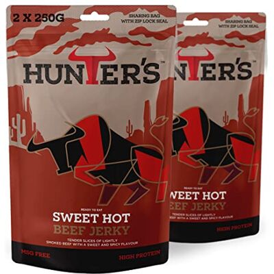Hunters Biltong Hunters Sweet Hot Beef Jerky, 500g Pack of 2 x 250g Lightly Smoked Jerky, High Protein, MSG Free, Tender slices of Beef infused with spices that warm the palate Hunters Biltong Hunters Sweet Hot Beef Jerky, 500g Pack of 2 x 250g Lightly Smoked Jerky, High Protein, MSG Free, Tender slices of Beef infused with spices that warm the palate