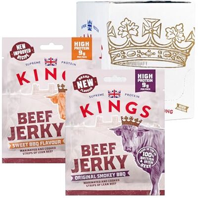 Kings Beef Jerky Variety Case High Protein Snacks, Marinated and Cooked Meat Sweet and Smokey BBQ 6 of Each Flavour Bulk Box of 12 x 25 g Packs Kings Beef Jerky Variety Case High Protein Snacks, Marinated and Cooked Meat Sweet and Smokey BBQ 6 of Each Flavour Bulk Box of 12 x 25 g Packs
