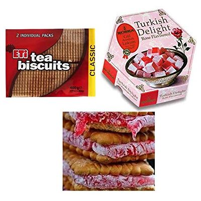 Koska Rose Turkish Delight 250 gr with Eti Tea Biscuits 400 gr (PUSKEVIT-Turkish Biscuit + Delight Combo ) Koska Rose Turkish Delight 250 gr with Eti Tea Biscuits 400 gr (PUSKEVIT-Turkish Biscuit + Delight Combo )