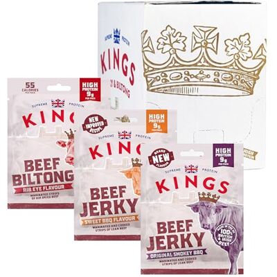 Kings Beef Jerky and Biltong Variety Case High Protein Snacks, Marinated and Cooked Meat 4 of Each Flavour Bulk Box of 12 x 25 g Packs Kings Beef Jerky and Biltong Variety Case High Protein Snacks, Marinated and Cooked Meat 4 of Each Flavour Bulk Box of 12 x 25 g Packs