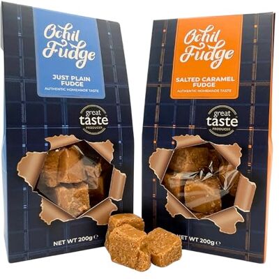 Ochil Fudge Pantry Ochil Fudge's Plain Butter & Salted Caramel Fudge Cubes Gift Set – Twin Pack 2 × 200 g – Gluten Free Fudge Sweets & Gift Box Ochil Fudge Pantry Ochil Fudge's Plain Butter & Salted Caramel Fudge Cubes Gift Set – Twin Pack 2 × 200 g – Gluten Free Fudge Sweets & Gift Box