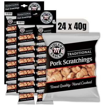 Midland Snacks Traditional Pork Scratchings, Pack of 24 x 40g 2 Pub Cards, Hand Cooked Midland Snacks Traditional Pork Scratchings, Pack of 24 x 40g 2 Pub Cards, Hand Cooked