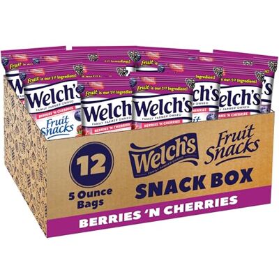Welch's Fruit Snacks, Berries 'N Cherries, 5-Ounce Bags (Pack of 12) Real fruit is the first ingredient, excellent source of Vitamins A/C/E, gluten free, great for kids and the office Welch's Fruit Snacks, Berries 'N Cherries, 5-Ounce Bags (Pack of 12) Real fruit is the first ingredient, excellent source of Vitamins A/C/E, gluten free, great for kids and the office