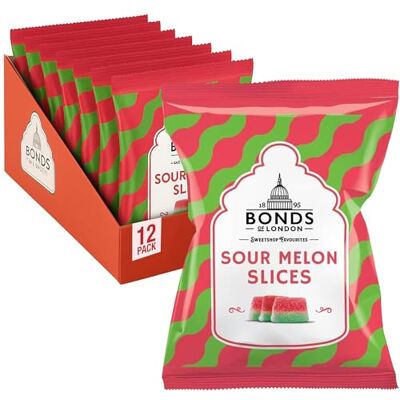Bonds of London Sour Watermelon Slices Bags, Retro Jelly Sweets Coated In Sour Sugar, 130 g (Pack of 12) Bonds of London Sour Watermelon Slices Bags, Retro Jelly Sweets Coated In Sour Sugar, 130 g (Pack of 12)