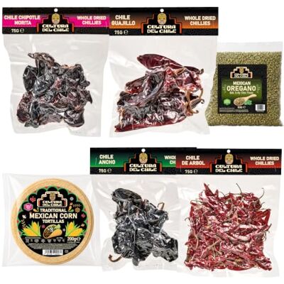 Cultura Del Chile Mexican Ingredients Bundle. Ancho, Guajillo, Arbol, and Morita Dried Chillies (300g Total). Authentic Corn Tortillas, and Mexican Oregano. Cultura Del Chile Mexican Ingredients Bundle. Ancho, Guajillo, Arbol, and Morita Dried Chillies (300g Total). Authentic Corn Tortillas, and Mexican Oregano.
