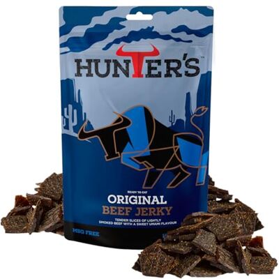 Hunters Biltong Hunters Original Beef Jerky, 250g pack Lightly Smoked Beef Jerky, High Protein, MSG Free, Tender slices of Beef infused with rich Umami flavours. Hunters Biltong Hunters Original Beef Jerky, 250g pack Lightly Smoked Beef Jerky, High Protein, MSG Free, Tender slices of Beef infused with rich Umami flavours.