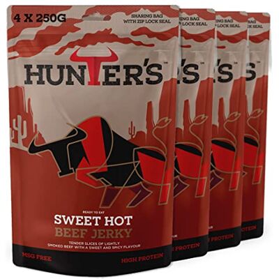 Hunters Biltong Hunters Sweet Hot Beef Jerky, 1kg Pack of 4 x 250g Lightly Smoked Jerky, High Protein, MSG Free, Tender slices of Beef infused with spices that warm the palate Hunters Biltong Hunters Sweet Hot Beef Jerky, 1kg Pack of 4 x 250g Lightly Smoked Jerky, High Protein, MSG Free, Tender slices of Beef infused with spices that warm the palate
