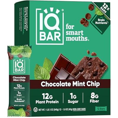 IQBAR Clean Protein Bars, Low Sugar Keto, Chocolate Mint Chip 12-Count High Fiber Plant Based Snacks, Clean Label Project Certified Gluten Free, Dairy Free, Vegan, Soy Free IQBAR Clean Protein Bars, Low Sugar Keto, Chocolate Mint Chip 12-Count High Fiber Plant Based Snacks, Clean Label Project Certified Gluten Free, Dairy Free, Vegan, Soy Free