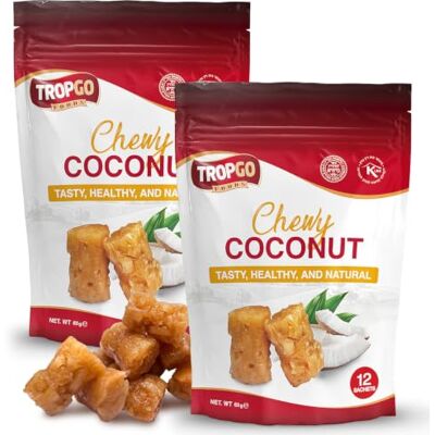 Tropgo Chewy Coconut Bites 60g, Pack of 2 – Delicious Dried Fruit Snacks with Coconut Sugar & Glucose Syrup – Resealable Bag with 12 Pieces for Sharing – Vegan, Healthy Foods & Kosher Certified Tropgo Chewy Coconut Bites 60g, Pack of 2 – Delicious Dried Fruit Snacks with Coconut Sugar & Glucose Syrup – Resealable Bag with 12 Pieces for Sharing – Vegan, Healthy Foods & Kosher Certified