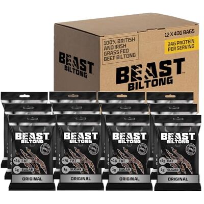 Beast Pharm Biltong High Protein Low Calorie Snacks 12 Pack Original High 24g Protein per Giant 40g Bag, 100% British / Irish Beef Biltong, Keto Snacks, Gluten Free, Low Calorie Protein Snacks Beast Pharm Biltong High Protein Low Calorie Snacks 12 Pack Original High 24g Protein per Giant 40g Bag, 100% British / Irish Beef Biltong, Keto Snacks, Gluten Free, Low Calorie Protein Snacks