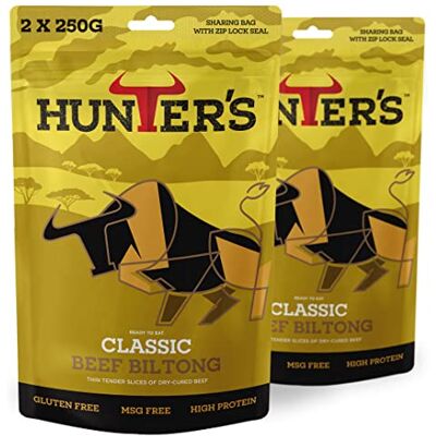Hunters Biltong Classic Biltong, 500g Pack of 2 x 250g High Protein, Low Fat, Thin Tender Slices of Authentic Beef Biltong, Beef Jerky, Gluten & MSG Free, Convenient Snack Hunters Biltong Classic Biltong, 500g Pack of 2 x 250g High Protein, Low Fat, Thin Tender Slices of Authentic Beef Biltong, Beef Jerky, Gluten & MSG Free, Convenient Snack