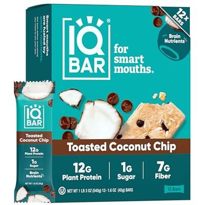 IQBAR Clean Protein Bars, Low Sugar Keto, Toasted Coconut Chip 12-Count High Fiber Plant Based Snacks, Clean Label Project Certified Gluten Free, Dairy Free, Vegan, Soy Free IQBAR Clean Protein Bars, Low Sugar Keto, Toasted Coconut Chip 12-Count High Fiber Plant Based Snacks, Clean Label Project Certified Gluten Free, Dairy Free, Vegan, Soy Free