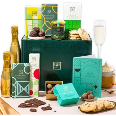 EDEN Gluten Free Hamper, Mothers Day, For Mum, 2x Prosecco, & CO Mothers Day Gluten Free Hamper with Chocolate Truffles & Hot Chocolate Set. Includes 2x Bottega Prosecco. EDEN Gluten Free Hamper, Mothers Day, For Mum, 2x Prosecco, & CO Mothers Day Gluten Free Hamper with Chocolate Truffles & Hot Chocolate Set. Includes 2x Bottega Prosecco.