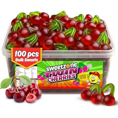Sweetzone Twin Cherries 800g 100pcs Halal Twin cherry gummies, Halal soft jelly sweets, bulk tub 100pcs, party pick and mix, fruity candy for all ages Sweetzone Twin Cherries 800g 100pcs Halal Twin cherry gummies, Halal soft jelly sweets, bulk tub 100pcs, party pick and mix, fruity candy for all ages