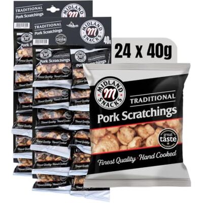 Midland Snacks Traditional Pork Scratchings, Pack of 24 x 40g 2 Pub Cards, Hand Cooked Midland Snacks Traditional Pork Scratchings, Pack of 24 x 40g 2 Pub Cards, Hand Cooked