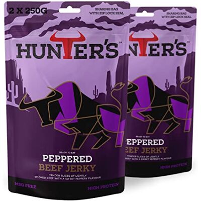 Hunters Biltong Hunters Peppered Beef Jerky, 500g Pack of 2 x 250g Lightly Smoked Jerky, High Protein, MSG Free, Tender slices of Beef infused with freshly crushed peppercorns that warm the palate Hunters Biltong Hunters Peppered Beef Jerky, 500g Pack of 2 x 250g Lightly Smoked Jerky, High Protein, MSG Free, Tender slices of Beef infused with freshly crushed peppercorns that warm the palate