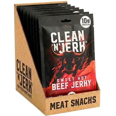 Clean 'N' Jerk Beef Jerky Sweet Hot 280g High Protein Beef Jerky Snack Air Dried Silverside Beef Jerky Bulk Pack Sweet Spicy Savoury Meat Snack for Gym Travel Work 10 Pack 28g Pouches 10 x 28g Pouches, Air-Dried Silverside Meat Snack, Sweet and Spicy Sa Clean 'N' Jerk Beef Jerky Sweet Hot 280g High Protein Beef Jerky Snack Air Dried Silverside Beef Jerky Bulk Pack Sweet Spicy Savoury Meat Snack for Gym Travel Work 10 Pack 28g Pouches 10 x 28g Pouches, Air-Dried Silverside Meat Snack, Sweet and Spicy Sa