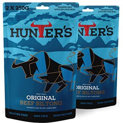 Hunters Biltong Original Biltong, 500g Pack of 2 x 250g High Protein, low fat, Thin Tender Slices of authentic Beef Biltong, beef Jerky, MSG Free, Convenient Snack Hunters Biltong Original Biltong, 500g Pack of 2 x 250g High Protein, low fat, Thin Tender Slices of authentic Beef Biltong, beef Jerky, MSG Free, Convenient Snack