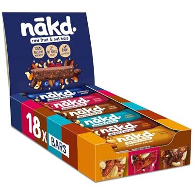 Nakd . Variety pack Raw fruit & nut bars 100% natural ingredients No added sugar Vegan Gluten free 18 x 35g bars 630g Nakd . Variety pack Raw fruit & nut bars 100% natural ingredients No added sugar Vegan Gluten free 18 x 35g bars 630g