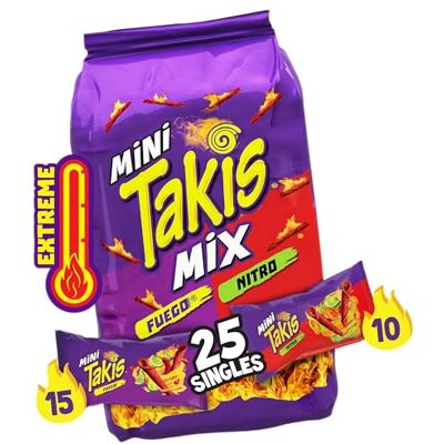 Takis Mini Fuego and Nitro Rolled Tortilla Chips, Hot Chili Pepper and Lime and Habanero and Lime Artificially Flavored, 25 Individual Snack Packs, 1.23 Ounces Each, Net Weight of 30.75 Ounces Takis Mini Fuego and Nitro Rolled Tortilla Chips, Hot Chili Pepper and Lime and Habanero and Lime Artificially Flavored, 25 Individual Snack Packs, 1.23 Ounces Each, Net Weight of 30.75 Ounces
