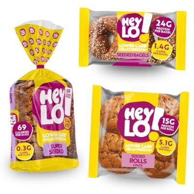 Heylo Low Carb Seeded Variety Pack, From 0.3g Carbs Low Sugar, High Protein & Fibre, Blood Sugar Management, Keto Bread, 1 x 450g Loaf + Seeded Bagels + Seeded Rolls Heylo Low Carb Seeded Variety Pack, From 0.3g Carbs Low Sugar, High Protein & Fibre, Blood Sugar Management, Keto Bread, 1 x 450g Loaf + Seeded Bagels + Seeded Rolls