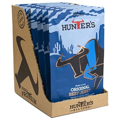 Hunters Biltong Hunters Original Beef Jerky, 28g Pack of 10 Lightly Smoked Beef Jerky, High Protein, MSG Free, Tender slices of Beef infused with rich Umami flavours Hunters Biltong Hunters Original Beef Jerky, 28g Pack of 10 Lightly Smoked Beef Jerky, High Protein, MSG Free, Tender slices of Beef infused with rich Umami flavours