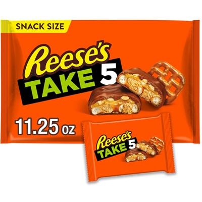 Reese's TAKE 5 Pretzel, Caramel, Peanut Butter, Peanut, Chocolate Snack Size Candy Bars, Individually Wrapped, 11.25 oz Bag Reese's TAKE 5 Pretzel, Caramel, Peanut Butter, Peanut, Chocolate Snack Size Candy Bars, Individually Wrapped, 11.25 oz Bag