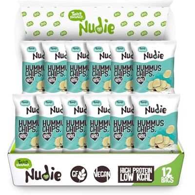 Nudie Snacks Lightly Salted Hummus Chips 12 x 20g Vegan & Gluten Free Chickpea Crisps 99 Calories per Pack Source of Protein & Fibre Plant-Based Snack Multipack Nudie Snacks Lightly Salted Hummus Chips 12 x 20g Vegan & Gluten Free Chickpea Crisps 99 Calories per Pack Source of Protein & Fibre Plant-Based Snack Multipack