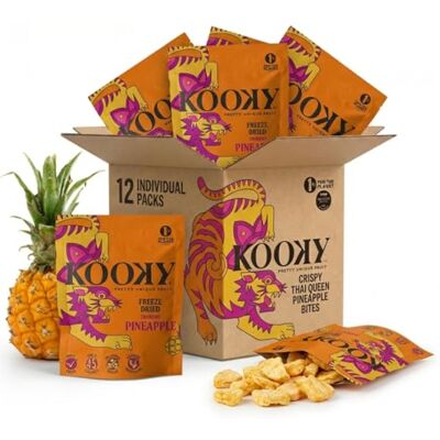 Kooky Freeze Dried Pineapple – 12 Pack Tropical Fruit Snacks (12g Each) Crispy Thai Queen Pineapple Bites Naturally Sweet & Tangy Vegan, Allergen Free, Healthy Lunchbox Snack Kooky Freeze Dried Pineapple – 12 Pack Tropical Fruit Snacks (12g Each) Crispy Thai Queen Pineapple Bites Naturally Sweet & Tangy Vegan, Allergen Free, Healthy Lunchbox Snack