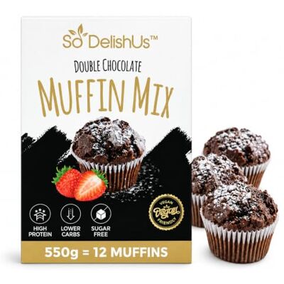 SoDelishUs Double Chocolate Muffin Mix 550g, High Protein, Sugar Free Real chocolate chunks and cocoa mass, not cocoa powder alone. Sugar free, high protein, at least 30% fewer carbs. SoDelishUs Double Chocolate Muffin Mix 550g, High Protein, Sugar Free Real chocolate chunks and cocoa mass, not cocoa powder alone. Sugar free, high protein, at least 30% fewer carbs.