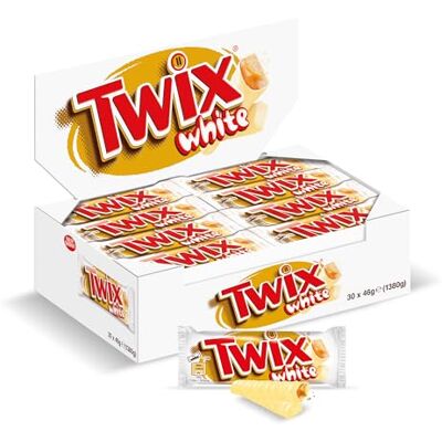 Twix White Chocolate Bar Double Bar White Chocolate 30 x 46g Delicate biscuit with caramel in fine white chocolate, in a multipack ideal for snacking at home, in the office and on the go Twix White Chocolate Bar Double Bar White Chocolate 30 x 46g Delicate biscuit with caramel in fine white chocolate, in a multipack ideal for snacking at home, in the office and on the go